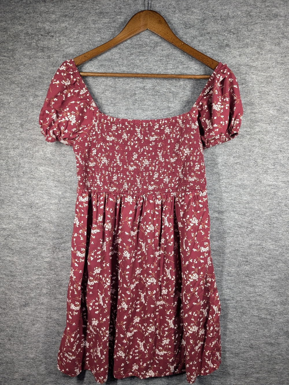 SO Juniors Floral Smocked Puff Sleeve Dress Brick Red Large L Cottagecore